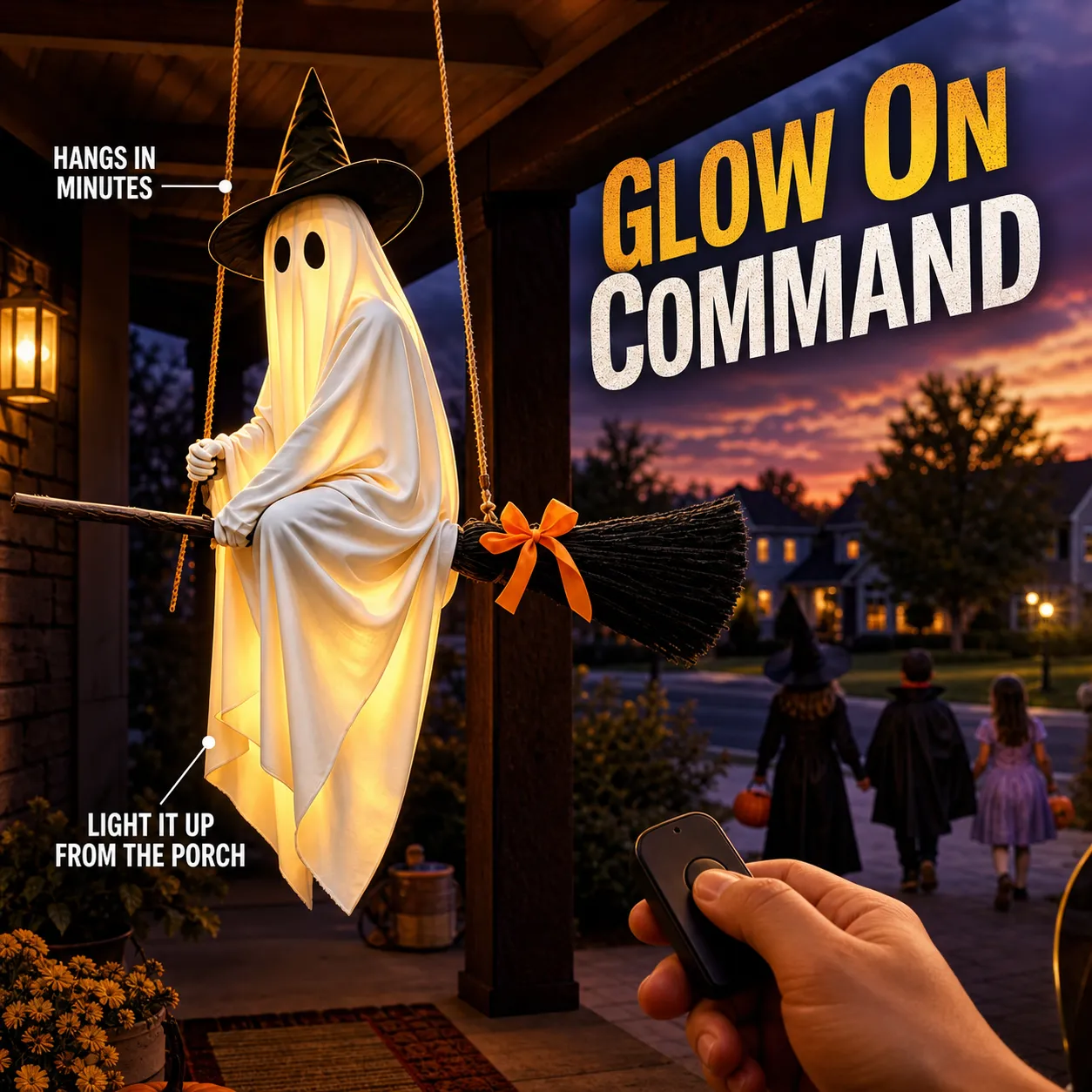 Homeowner using a remote to light a flying ghost decoration on the porch