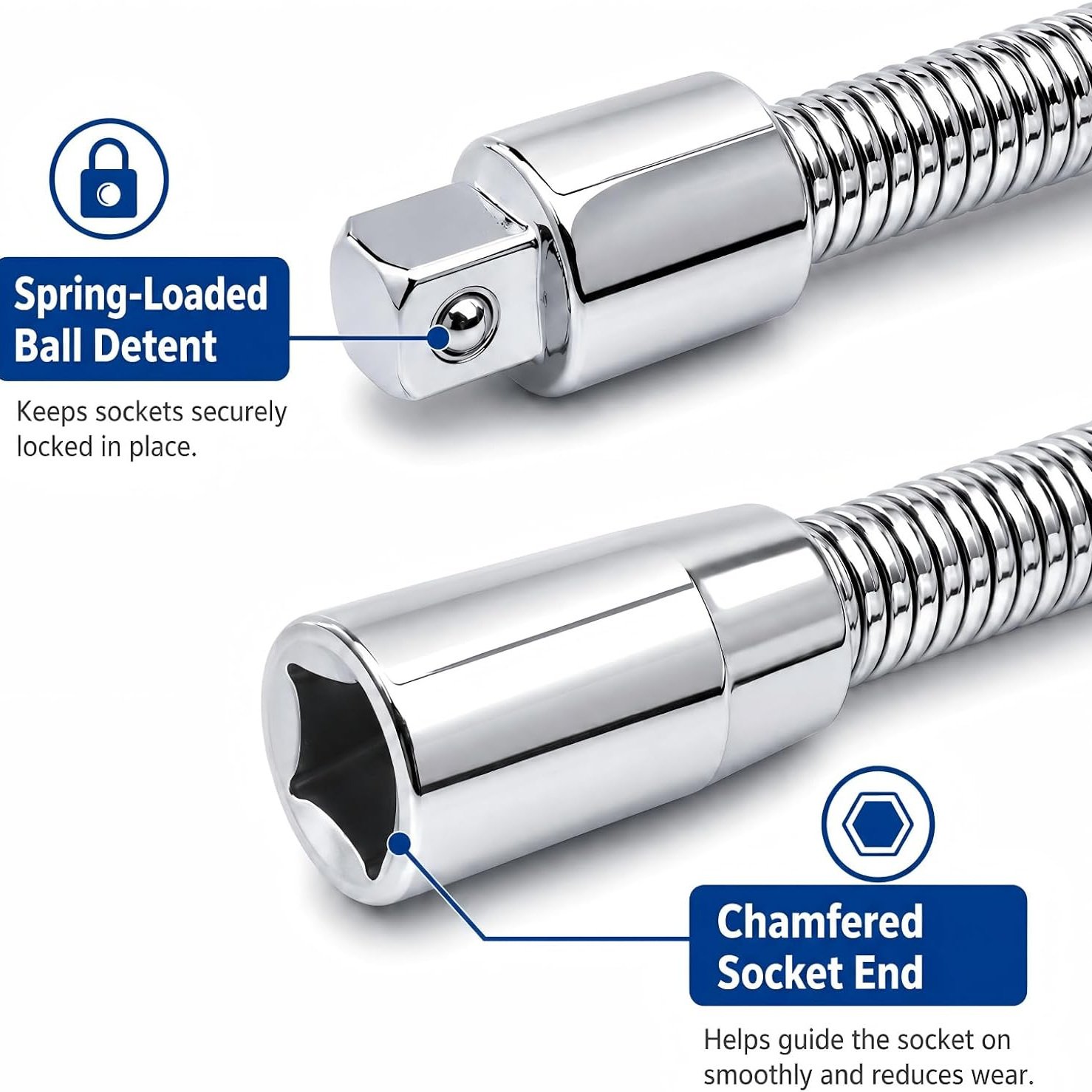 Ball detent and chamfered end details on the extension