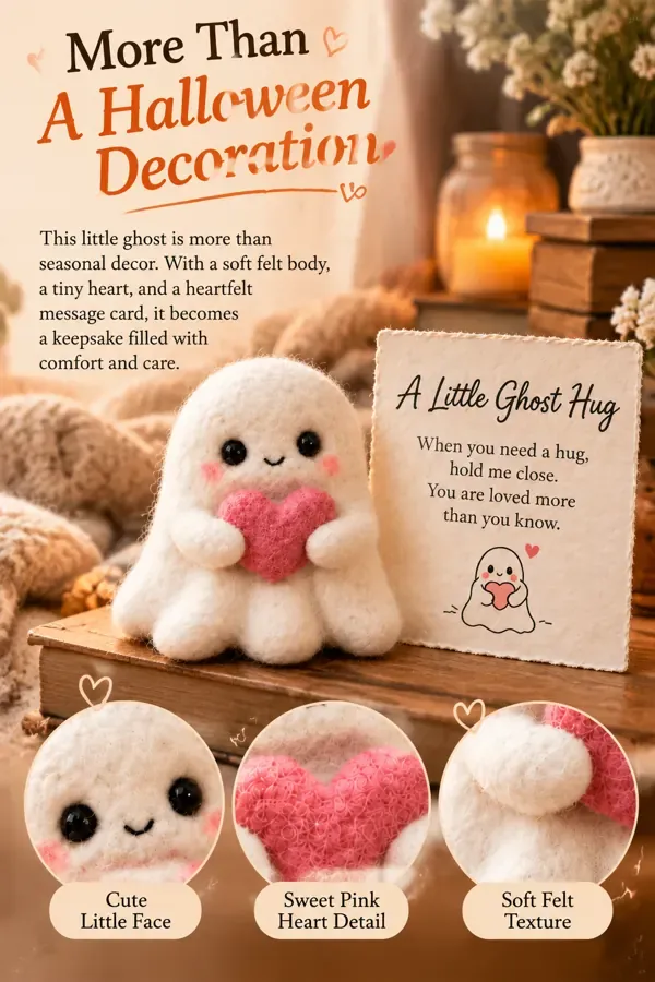 Ghost and card with close-ups of its face, pink heart, and felt texture
