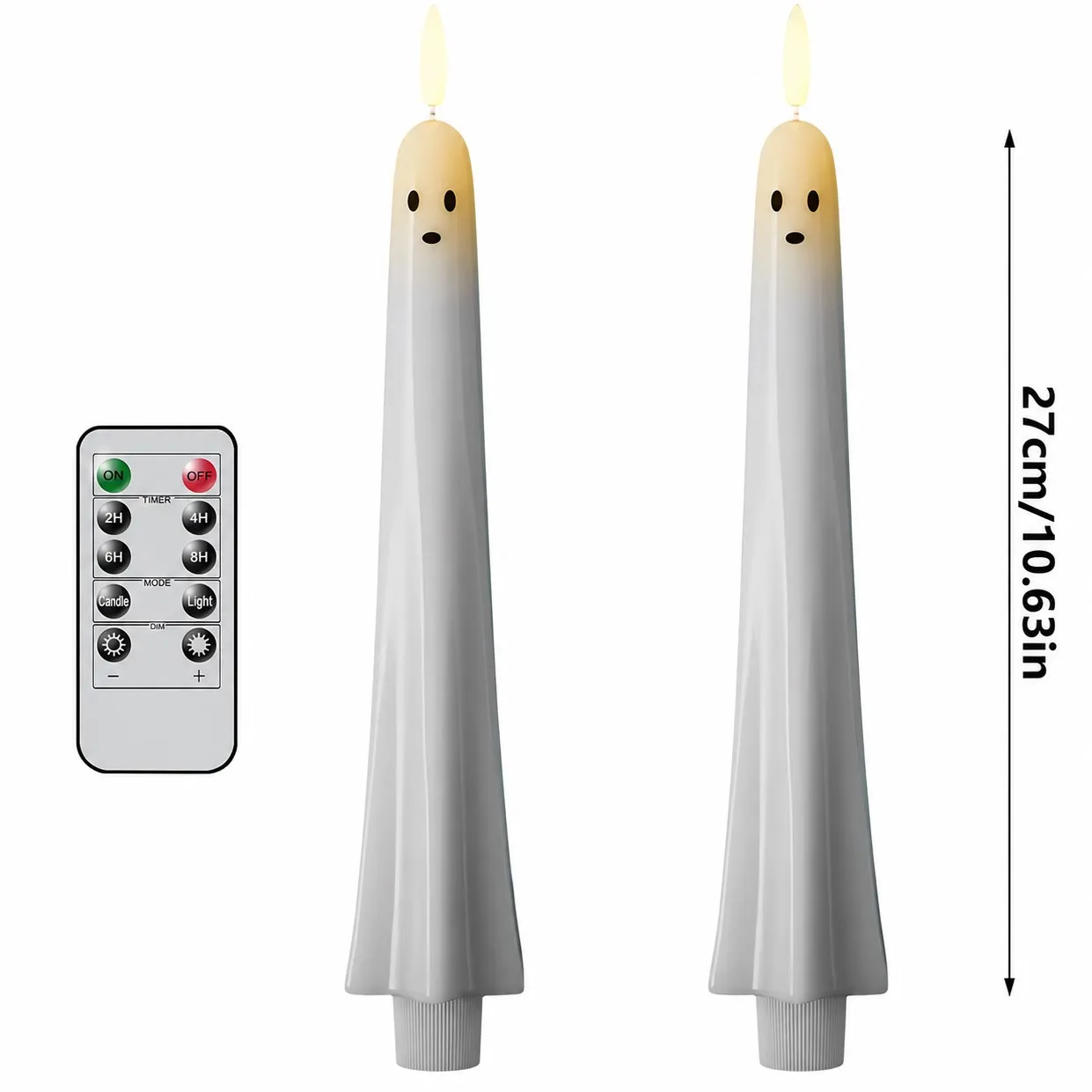 Two ghost taper candles measuring 10.63 inches tall with remote