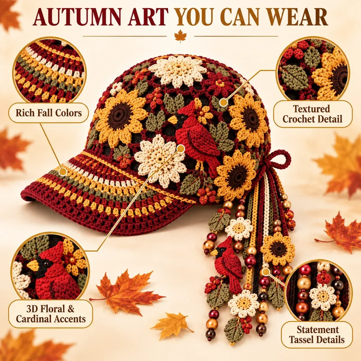 Detailed view of the Cardinal Garden cap showing crochet flowers, cardinals, brim and tassels