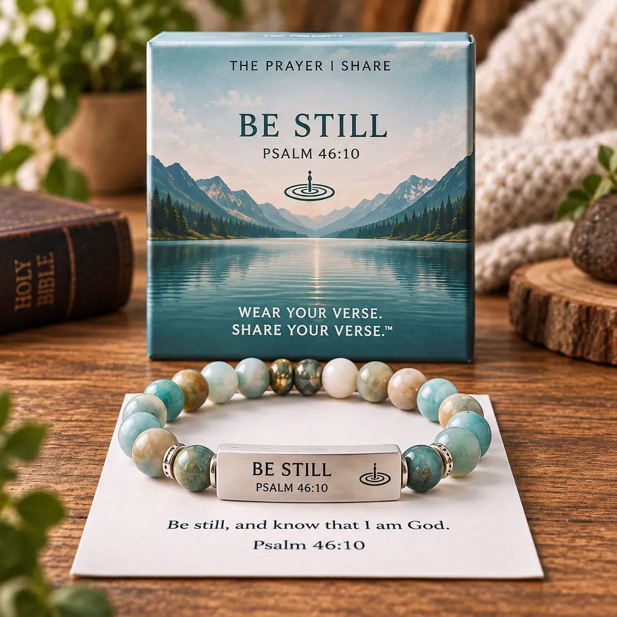 Be Still Psalm 46:10 bracelet with coordinating Scripture card and landscape gift box