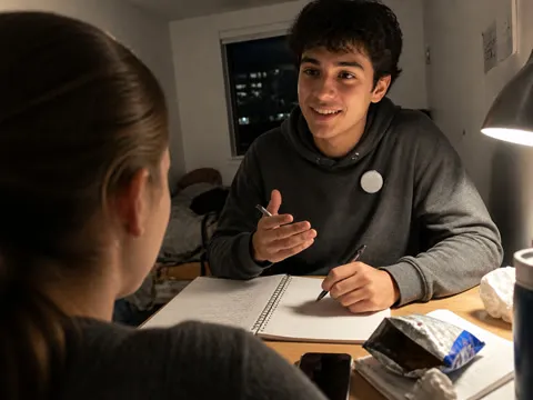Student using the translator during evening language practice