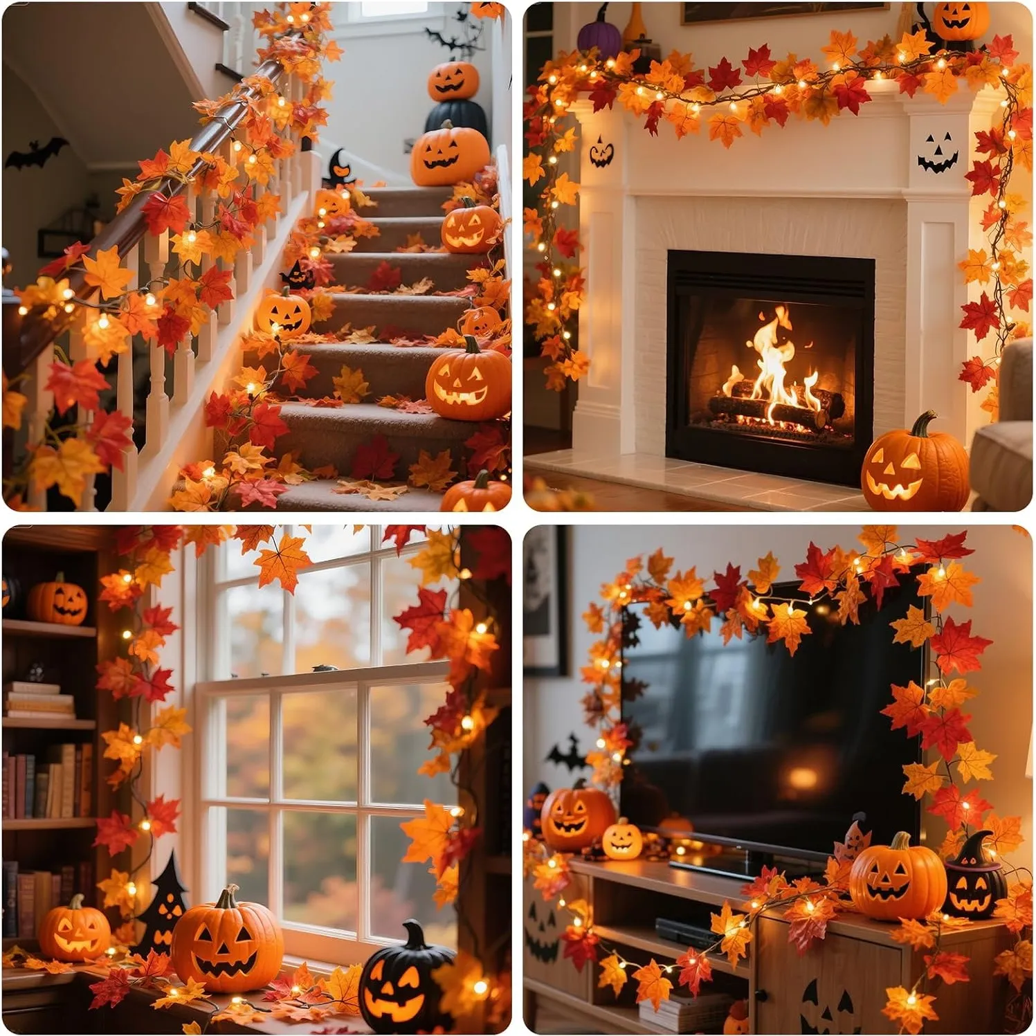 Maple leaf light garland styled around stairs, a fireplace, a window, and a television