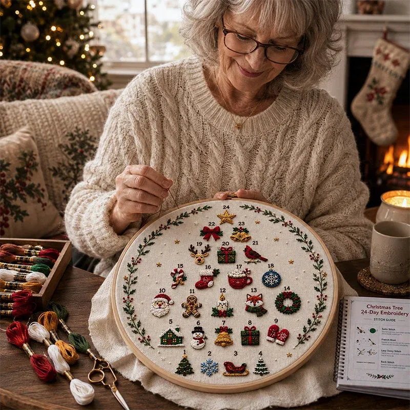 Woman enjoying the Christmas Tree 24-Day Embroidery Kit during a cozy holiday crafting moment