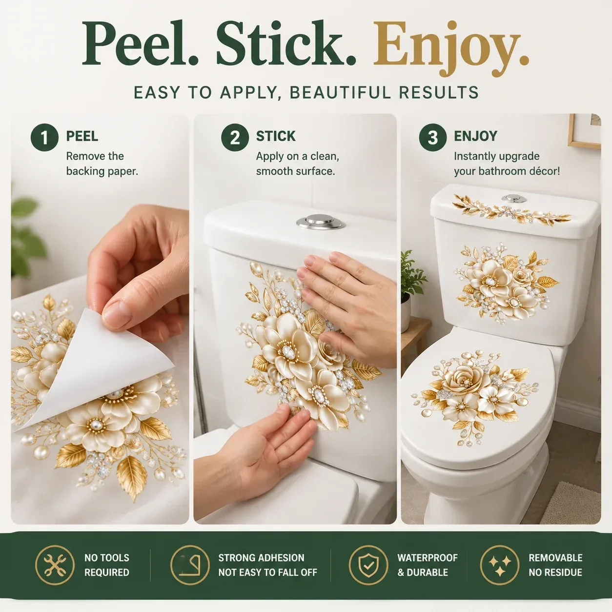 Easy peel and stick floral bathroom decal application