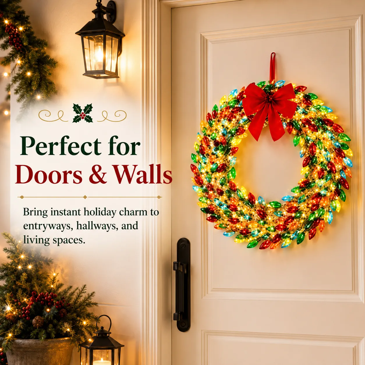 Colorful lighted wreath displayed on a holiday door