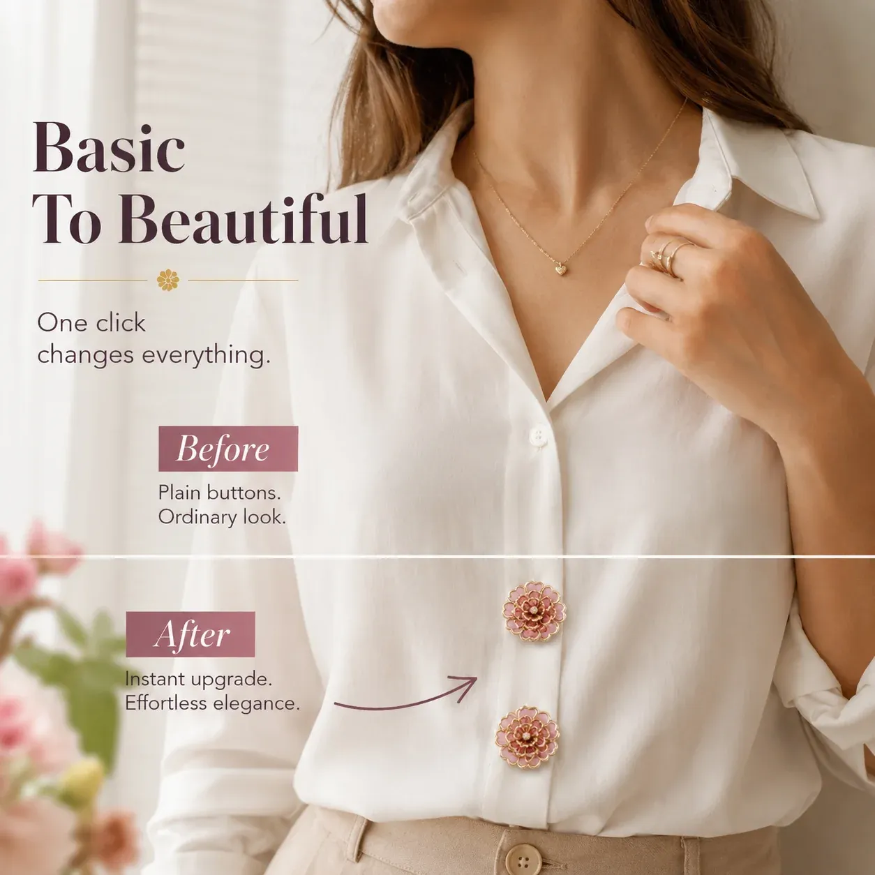 Flower button covers styled with women's outfit