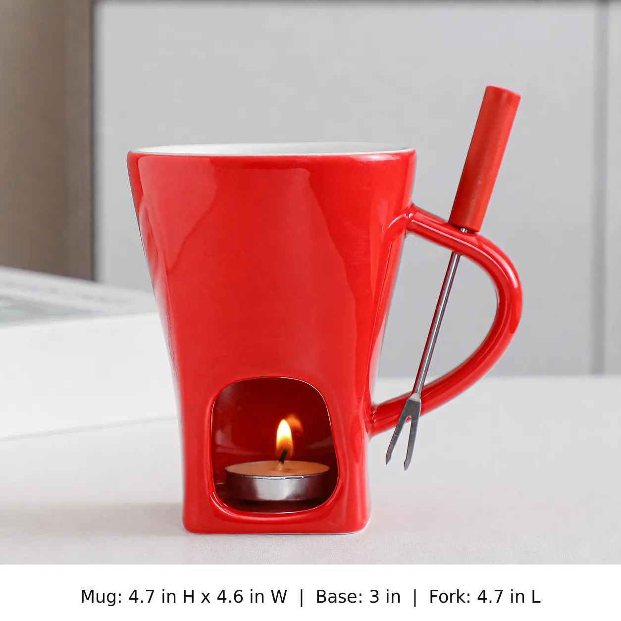 Red chocolate fondue mug set with dimensions