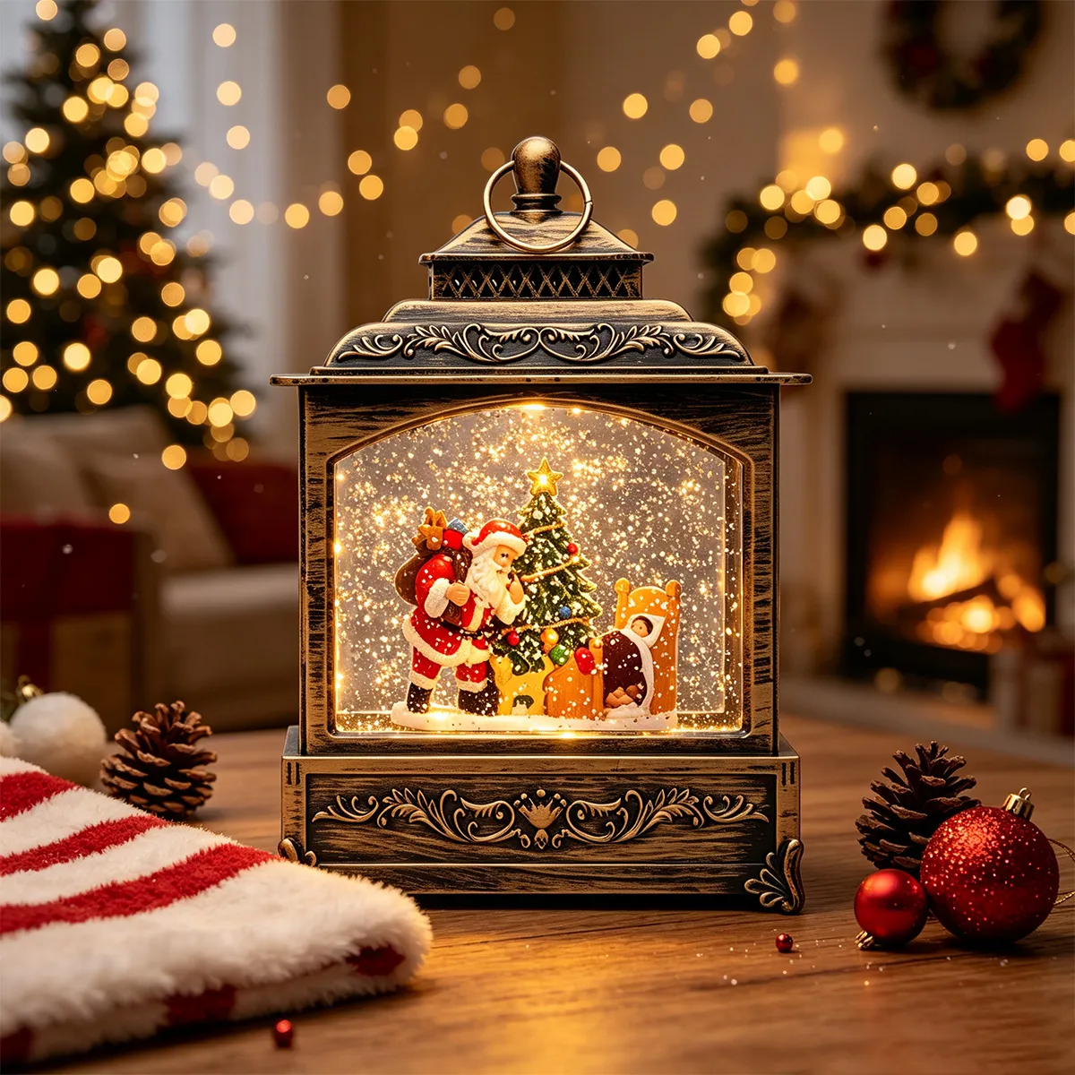 Santa gift scene Christmas snow lantern