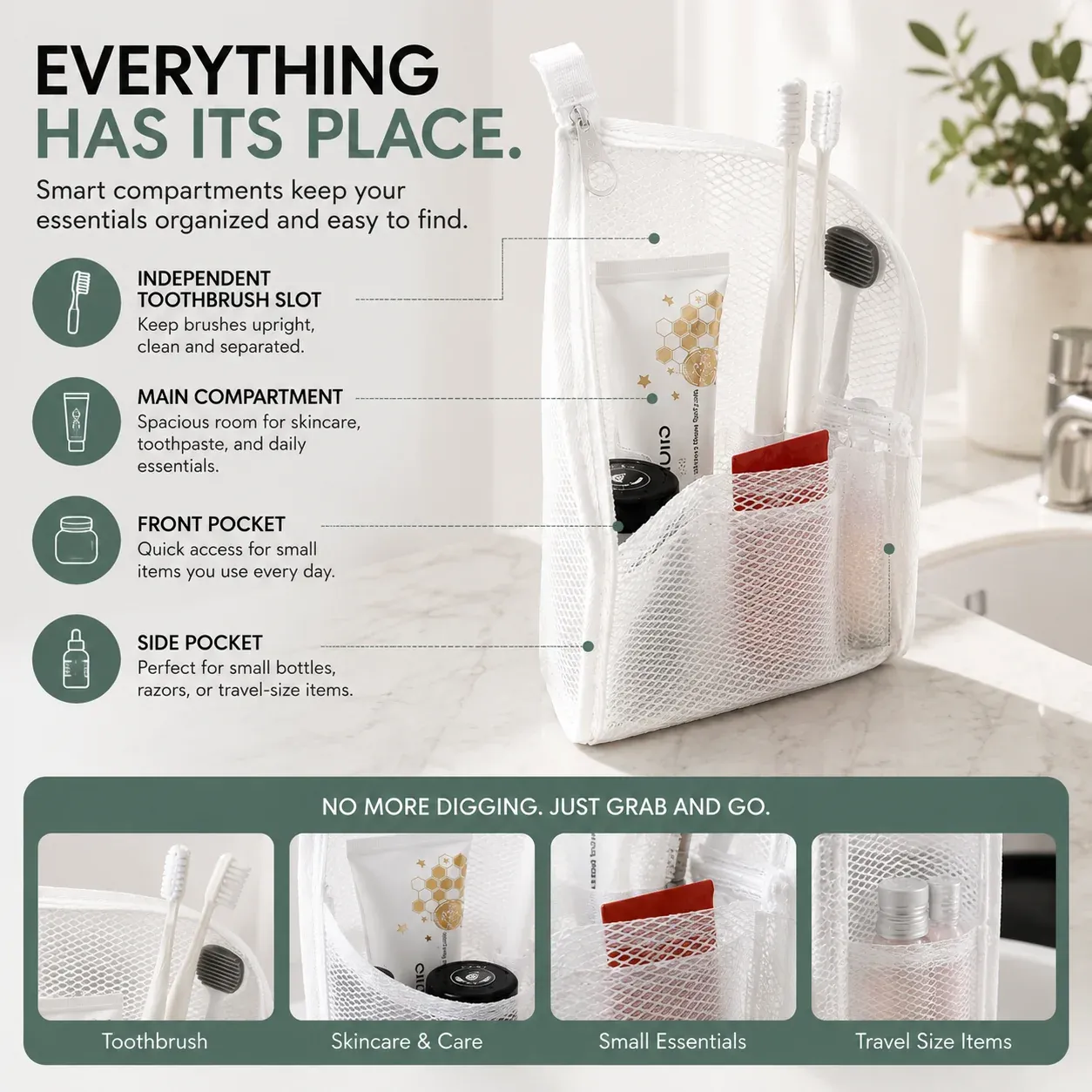 Multi compartment toiletry organizer with toothbrush storage