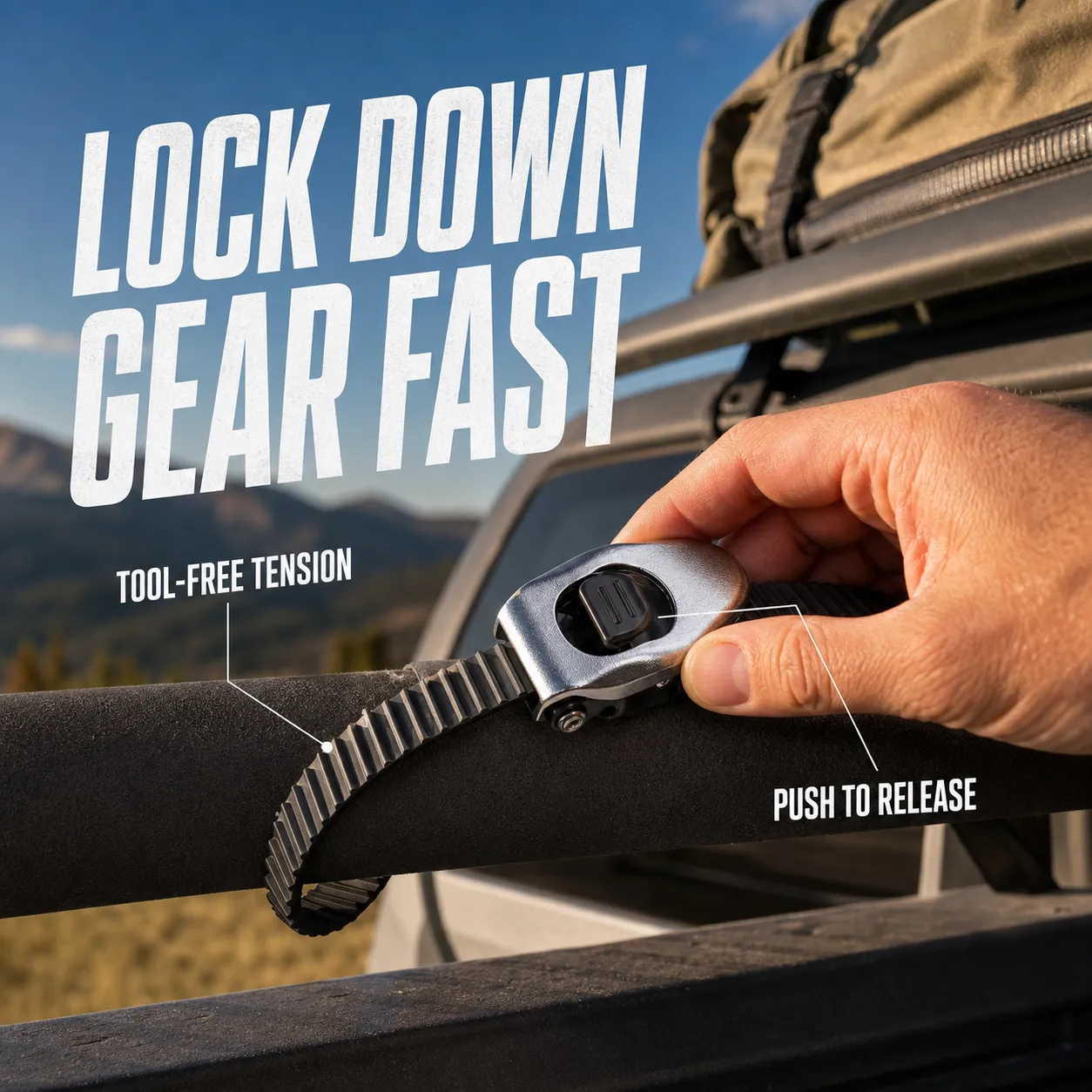 Hand tightening a quick-lock strap around a padded truck rack