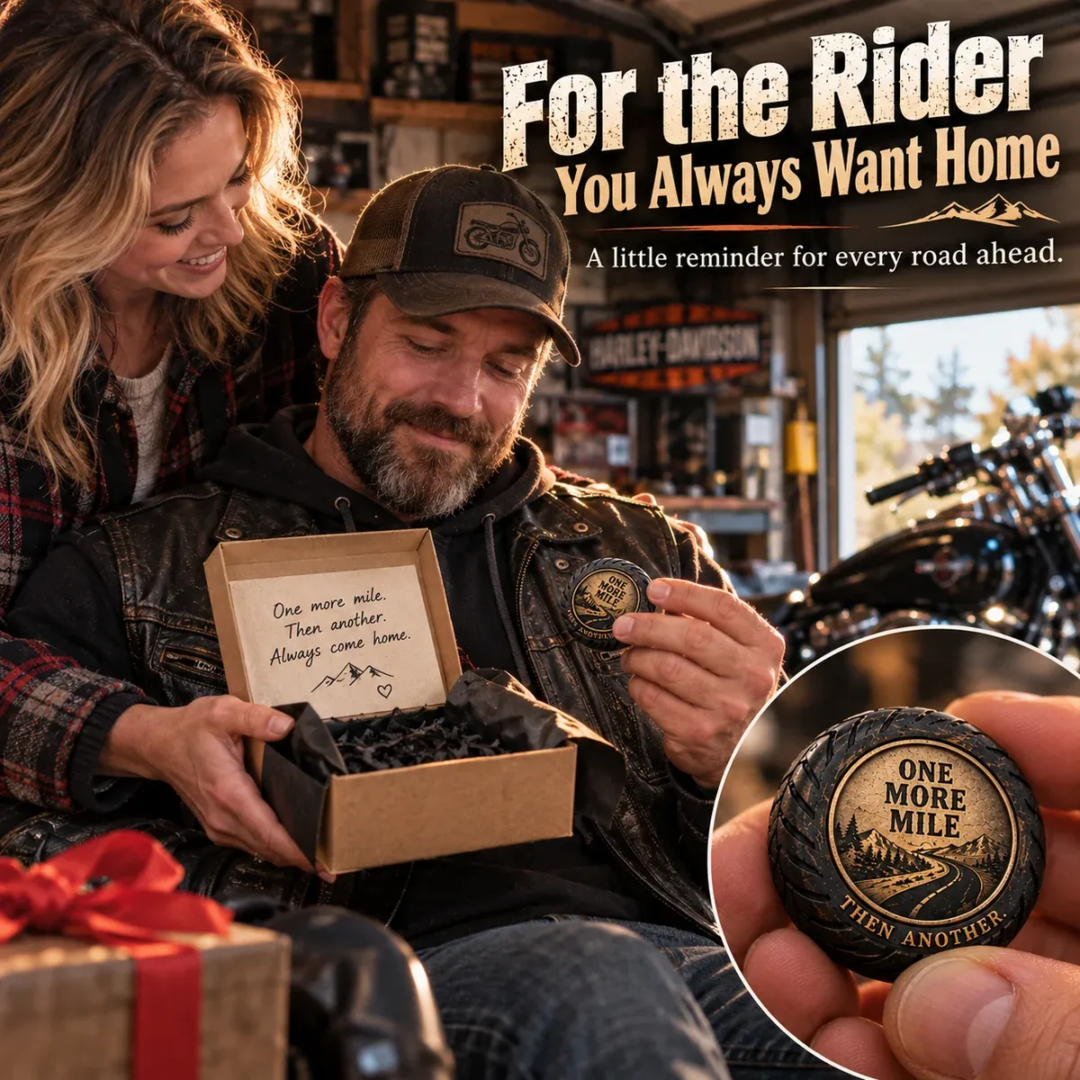 Woman giving the One More Mile pocket hug to a motorcycle rider as a gift