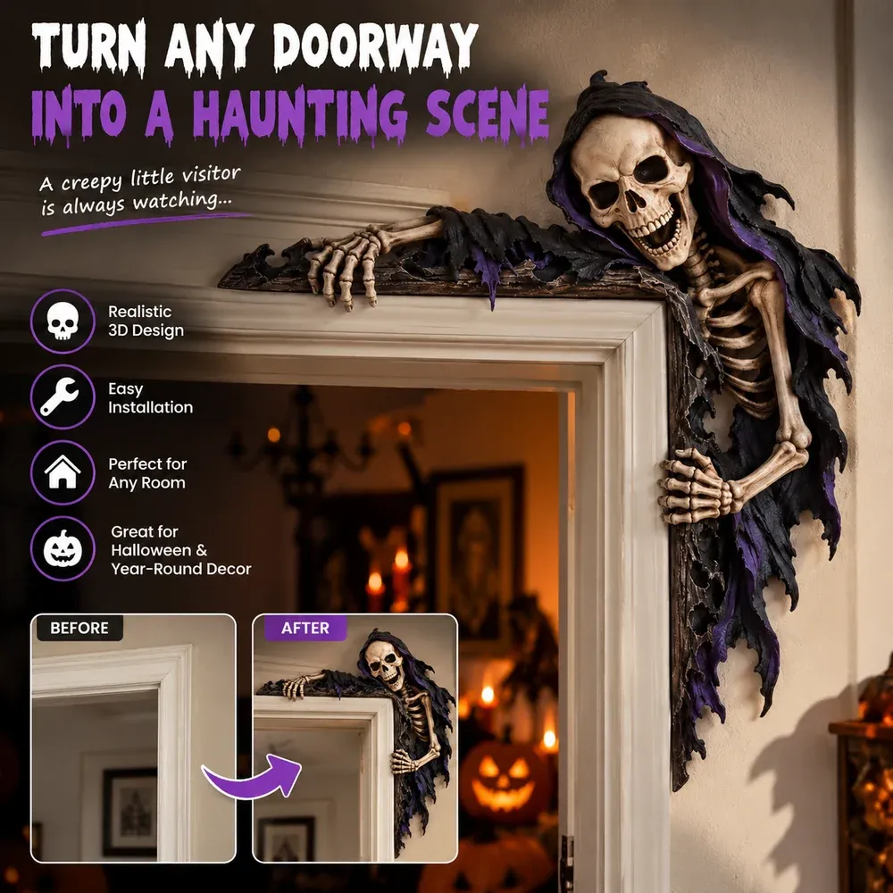 Halloween doorway styling with the reaper corner decoration and before-and-after inset views