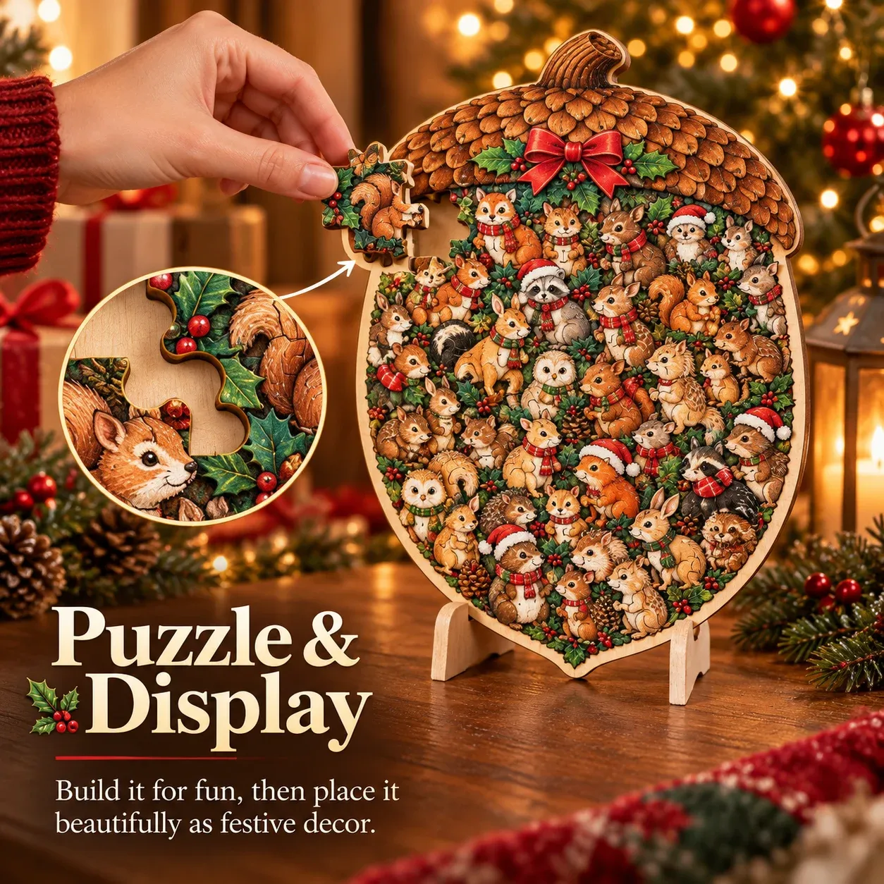 Assembling a Christmas wooden puzzle before displaying it