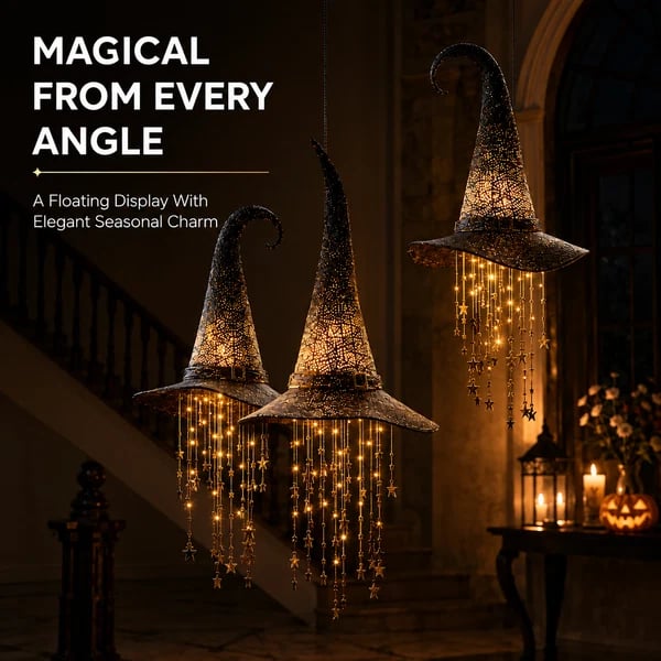 Lighted witch hat hanging chime Halloween magic home decor