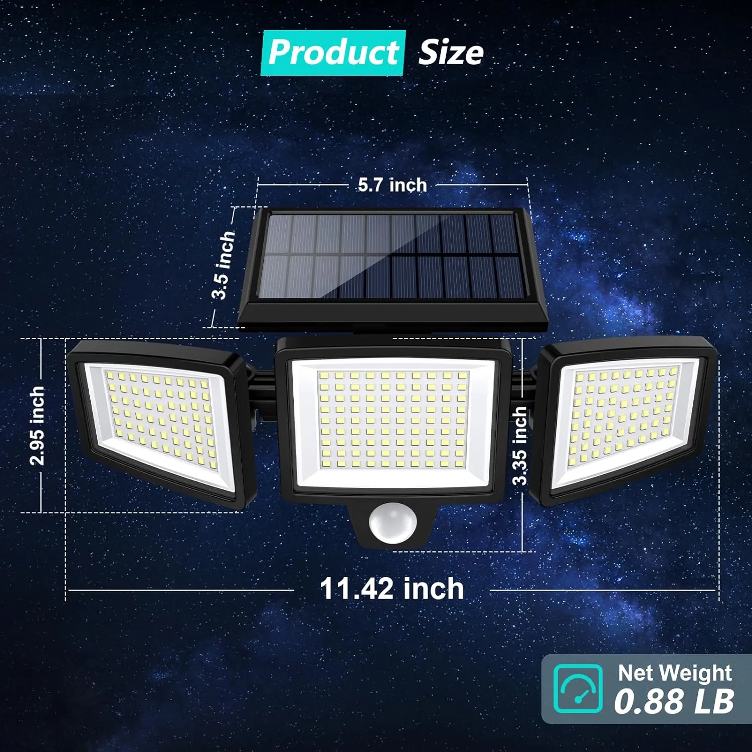 Product dimensions for the three-head solar motion light