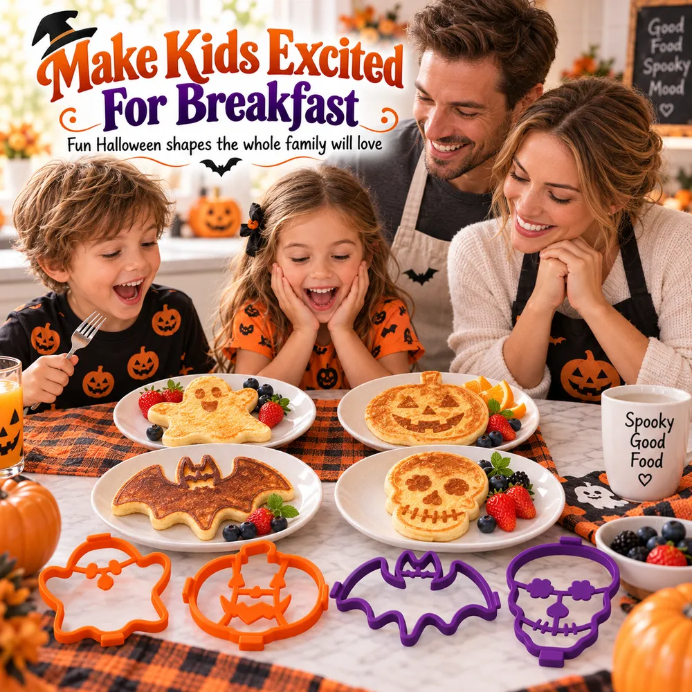 Halloween pancake and egg molds shown in a product information image