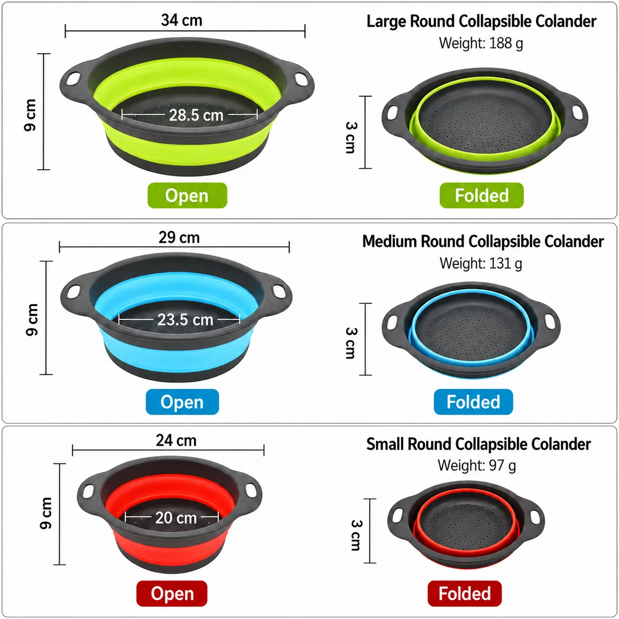 Large, medium, and small collapsible colander dimensions
