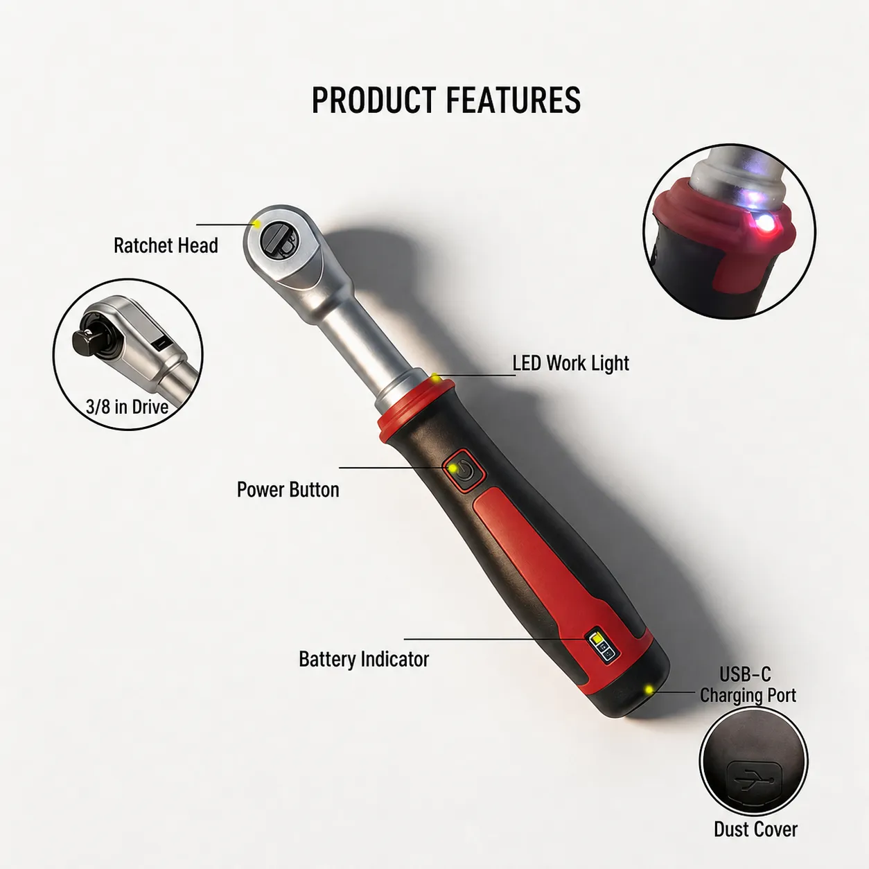 Cordless power ratchet feature overview with ratchet head, LED, battery indicator, and USB-C charging port
