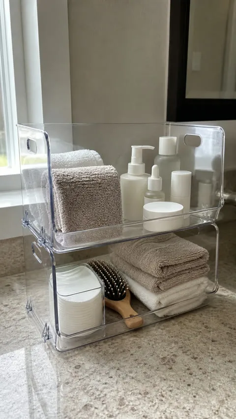 Clear organizer bins on a bathroom vanity
