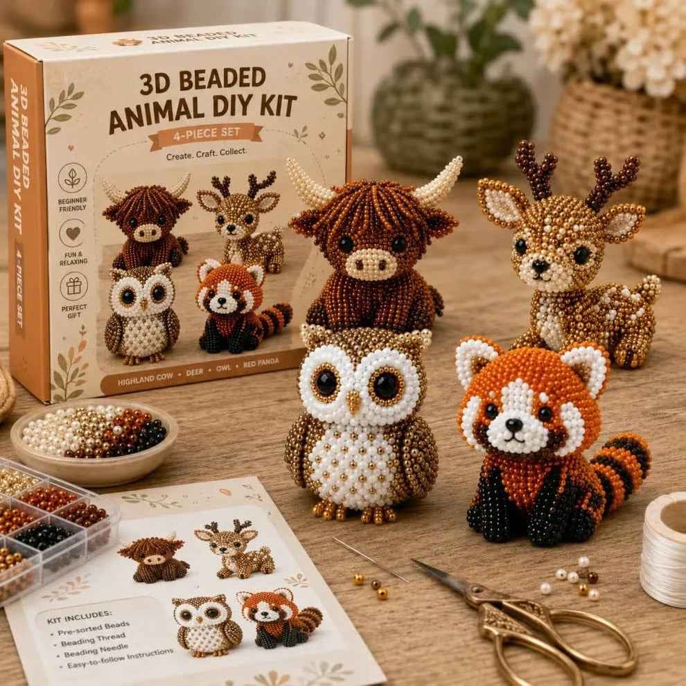 Woodland Friends beaded animal kit with beads, tools, instructions, and finished figures