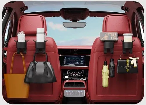 Car seat headrest cup holder with hooks