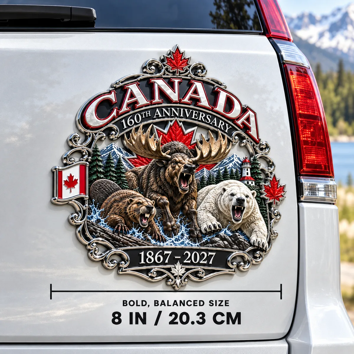 Canada 160th anniversary emblem size diagram showing 8 inches Canada 160th anniversary emblem size diagram showing 8 inches