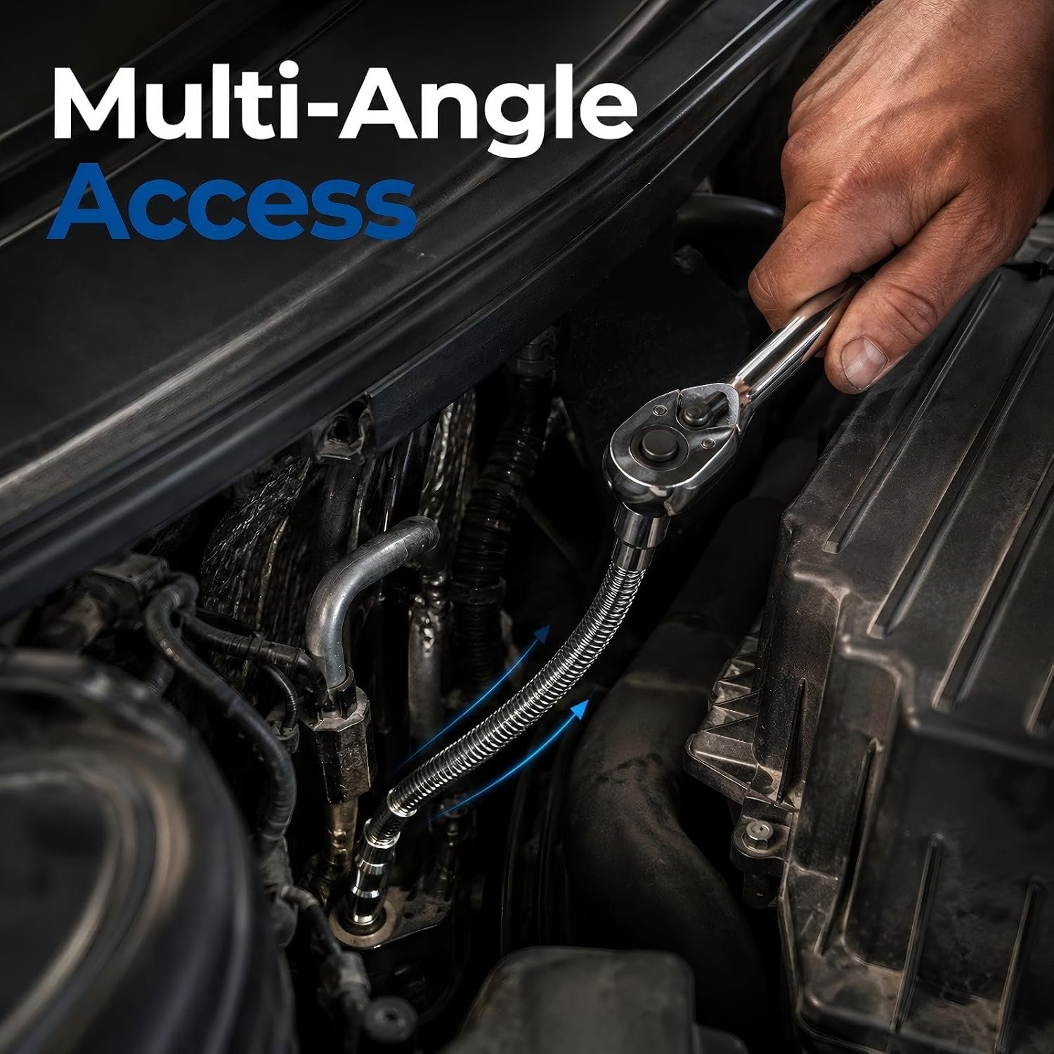 Flexible socket extension providing multi-angle engine access