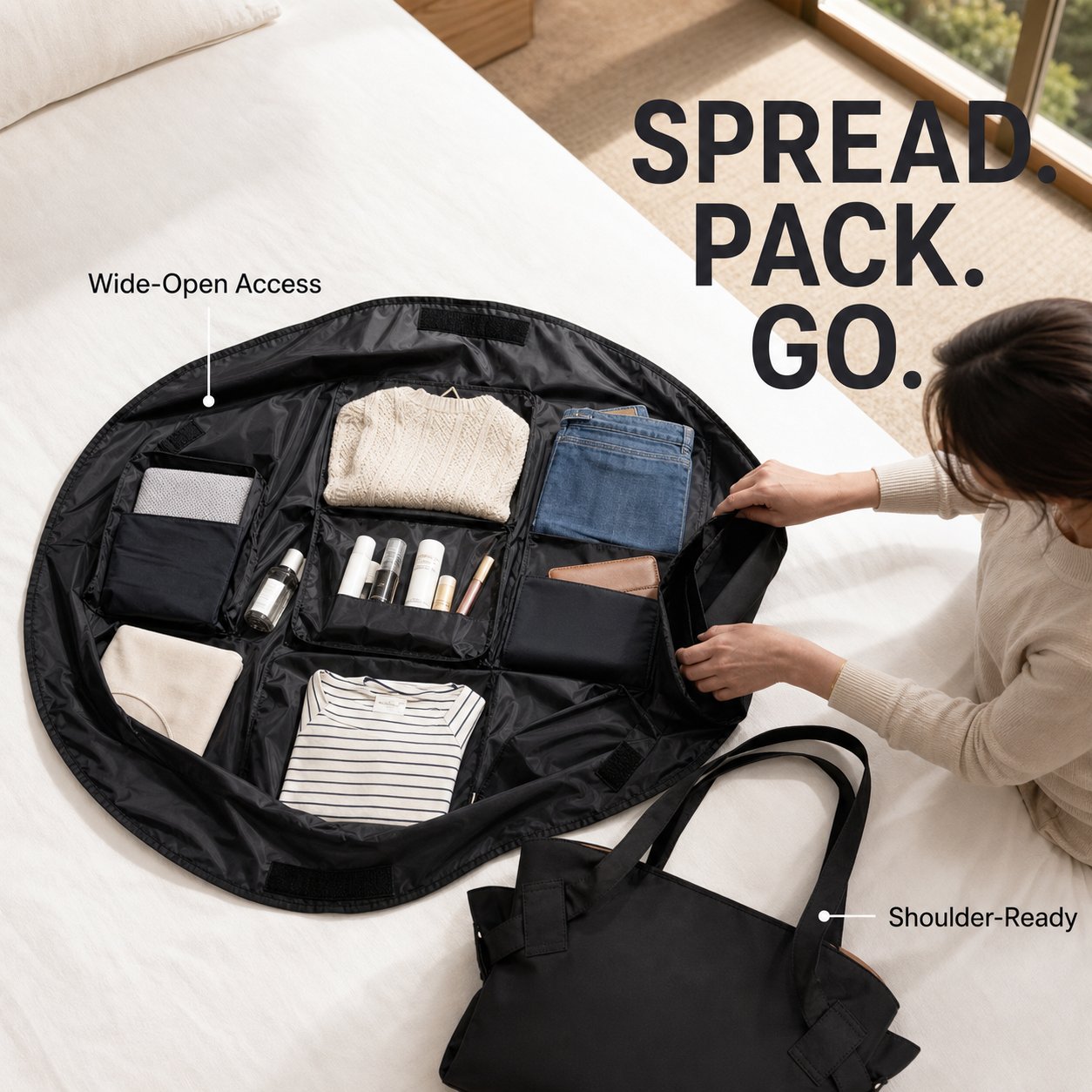 Black convertible tote spread open for organized travel packing Black convertible tote spread open for organized travel packing