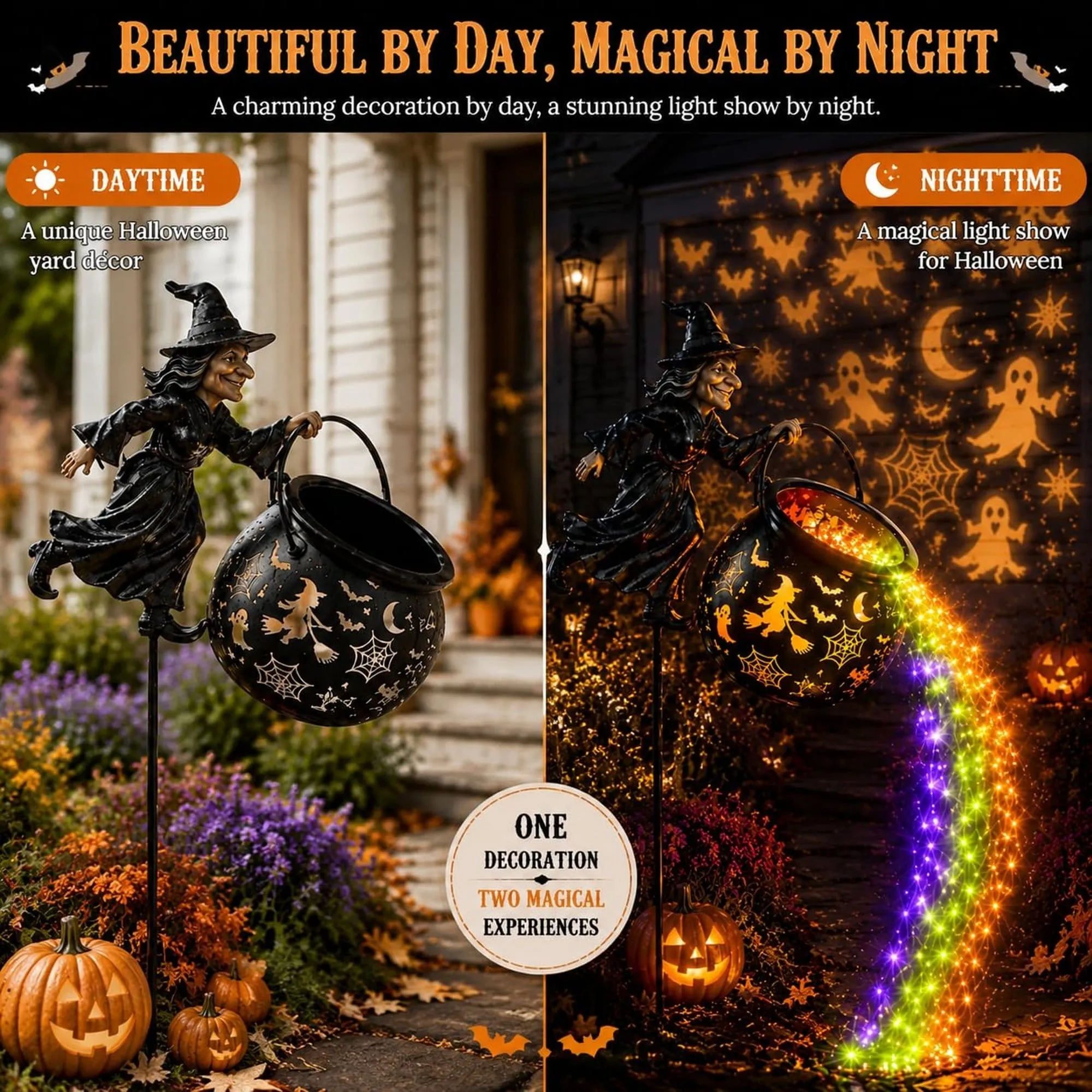Day and night comparison of the witch cauldron garden light