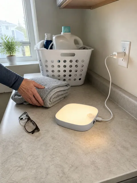 Rechargeable light charging on a laundry-room counter
