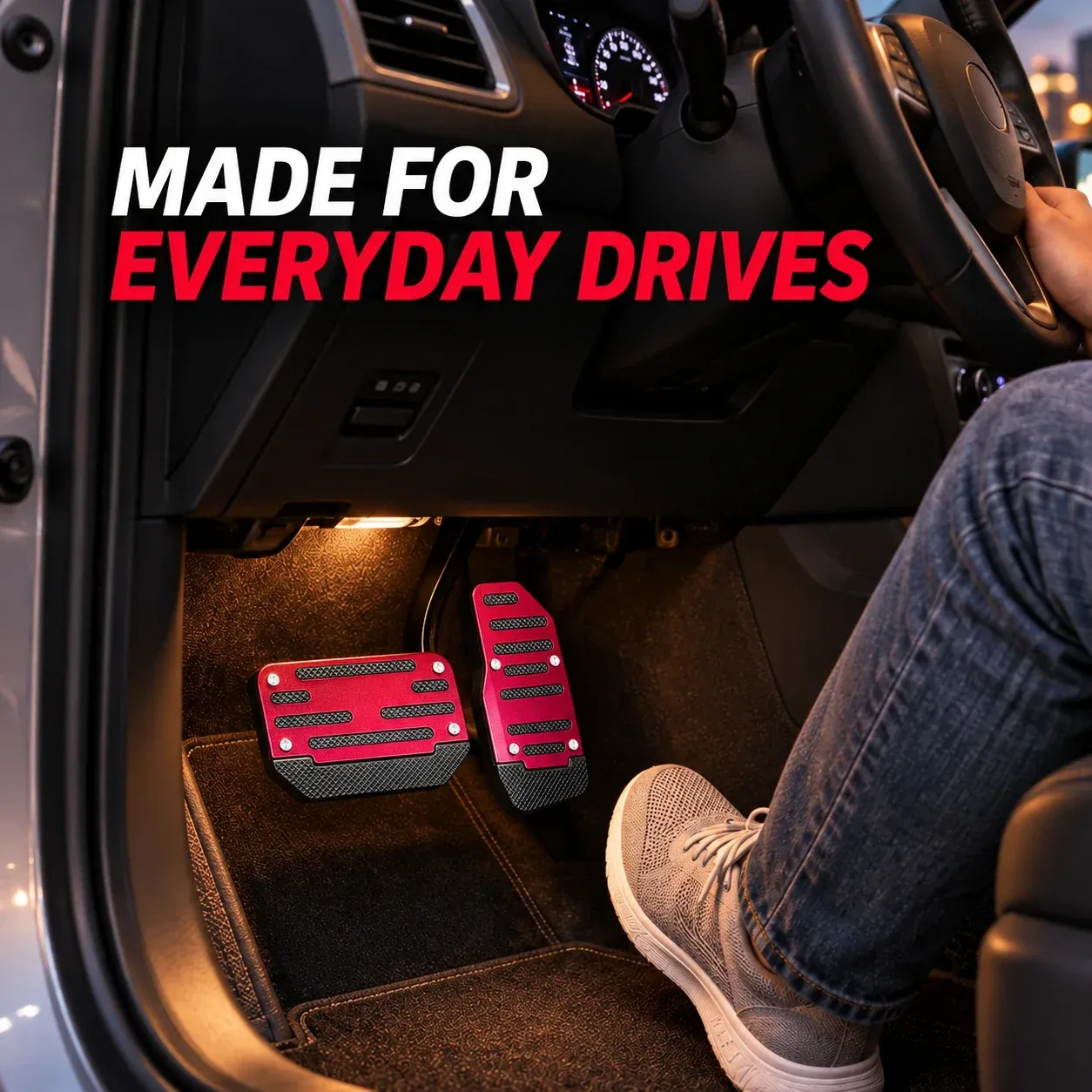 Red pedal covers installed in a modern car for everyday driving