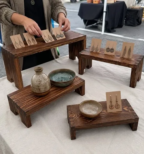 Four separate wood risers displaying jewelry at a craft booth