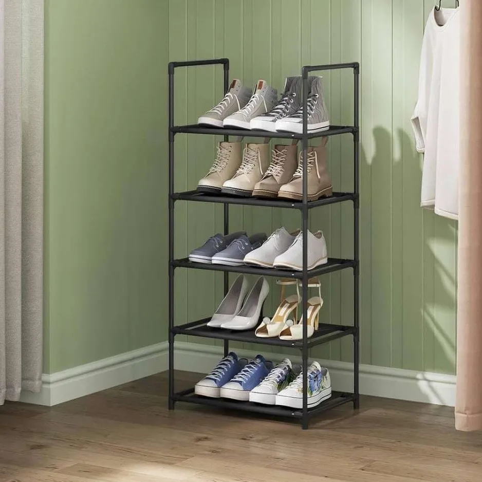 Five-tier rack neatly organizing shoes in a bedroom corner