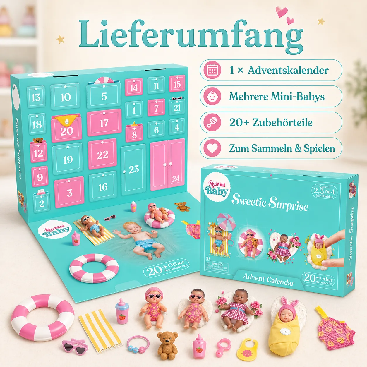Calendar packaging, numbered doors, mini babies and accessory collection