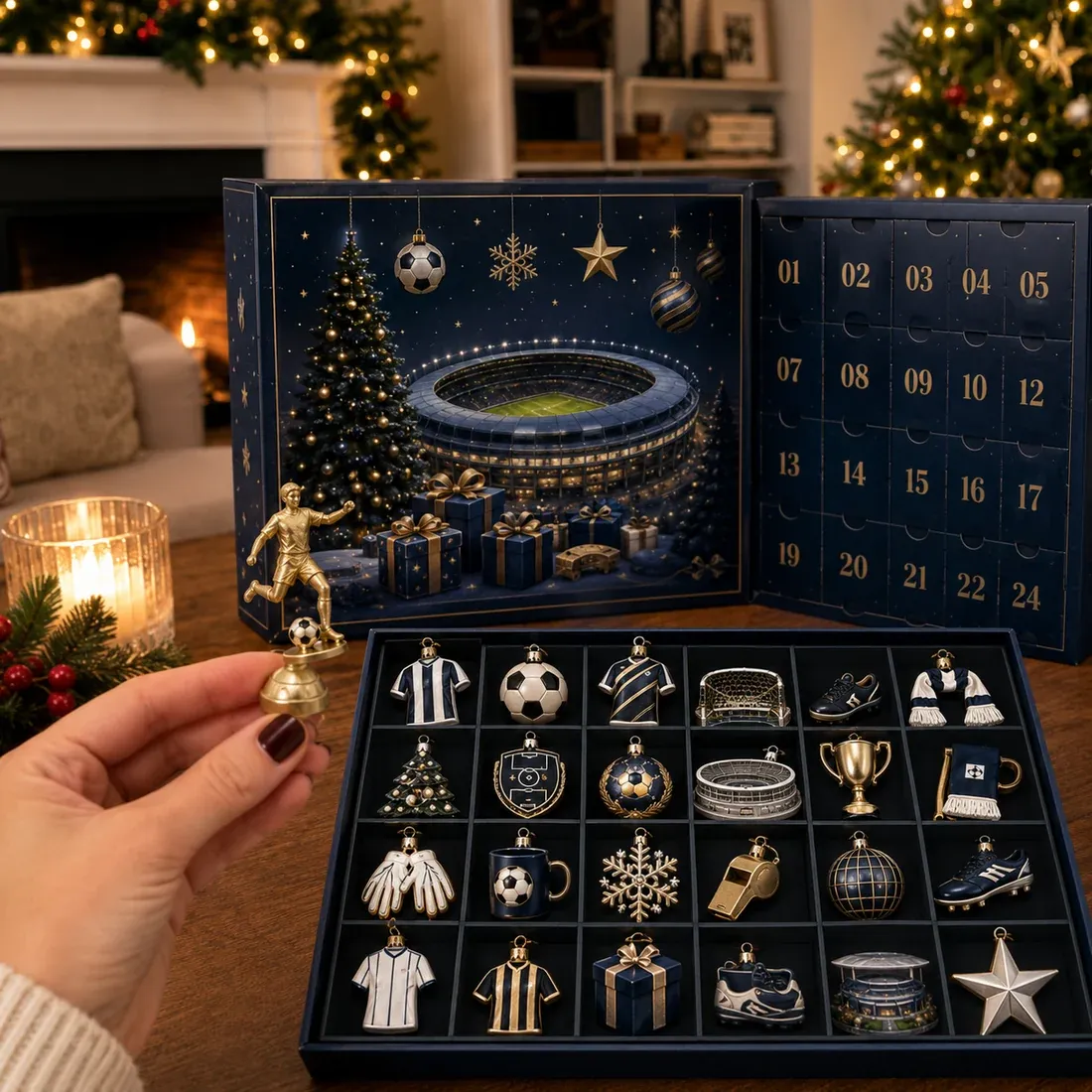 Hand holding a football keepsake ornament from the Advent calendar