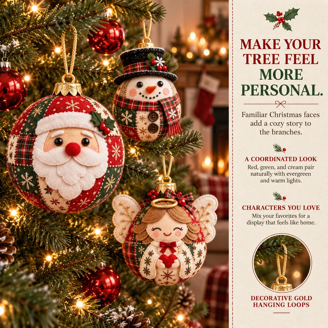 Finished Santa, Snowman and Angel ornaments hanging on a Christmas tree