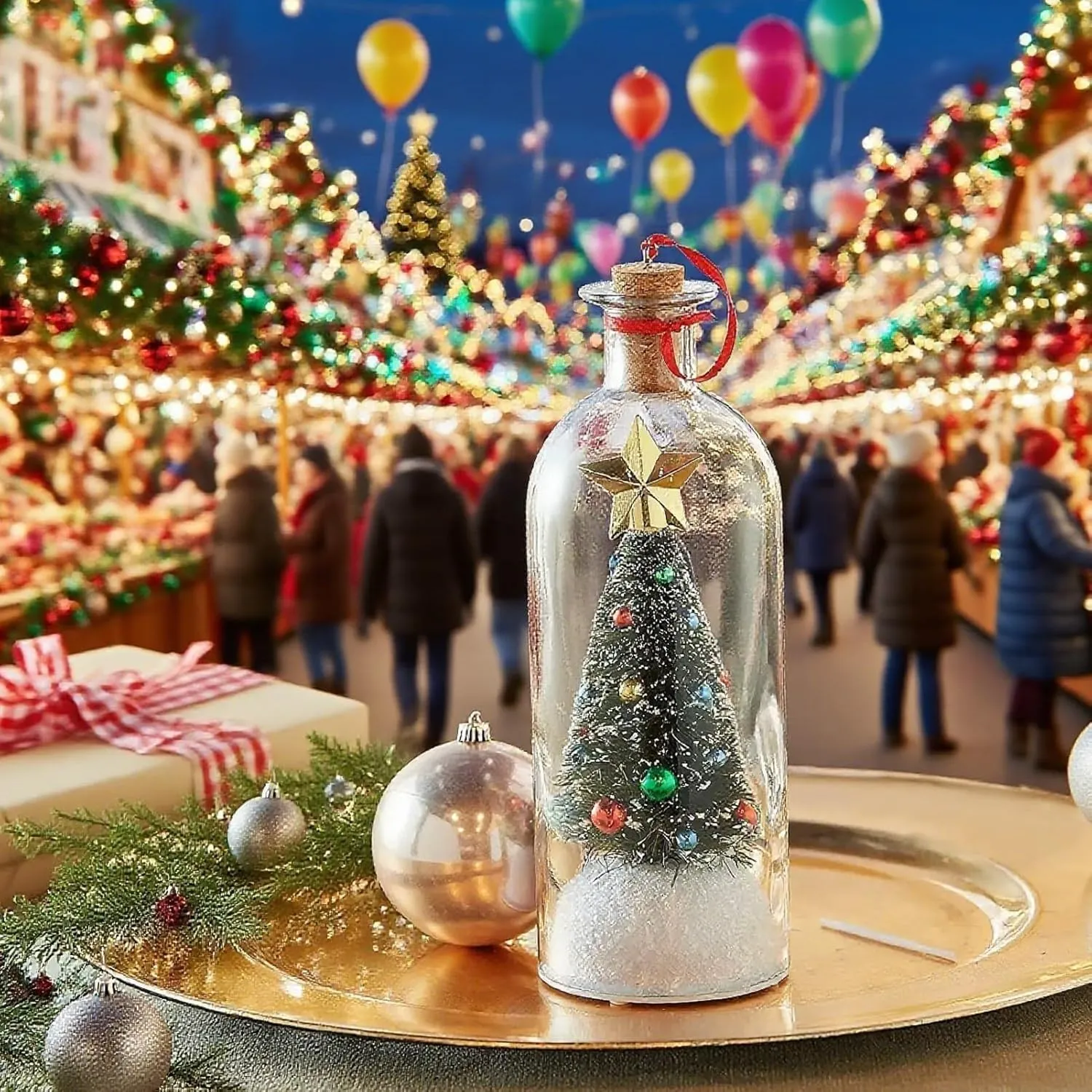 Christmas tree keepsake bottle displayed at a holiday market