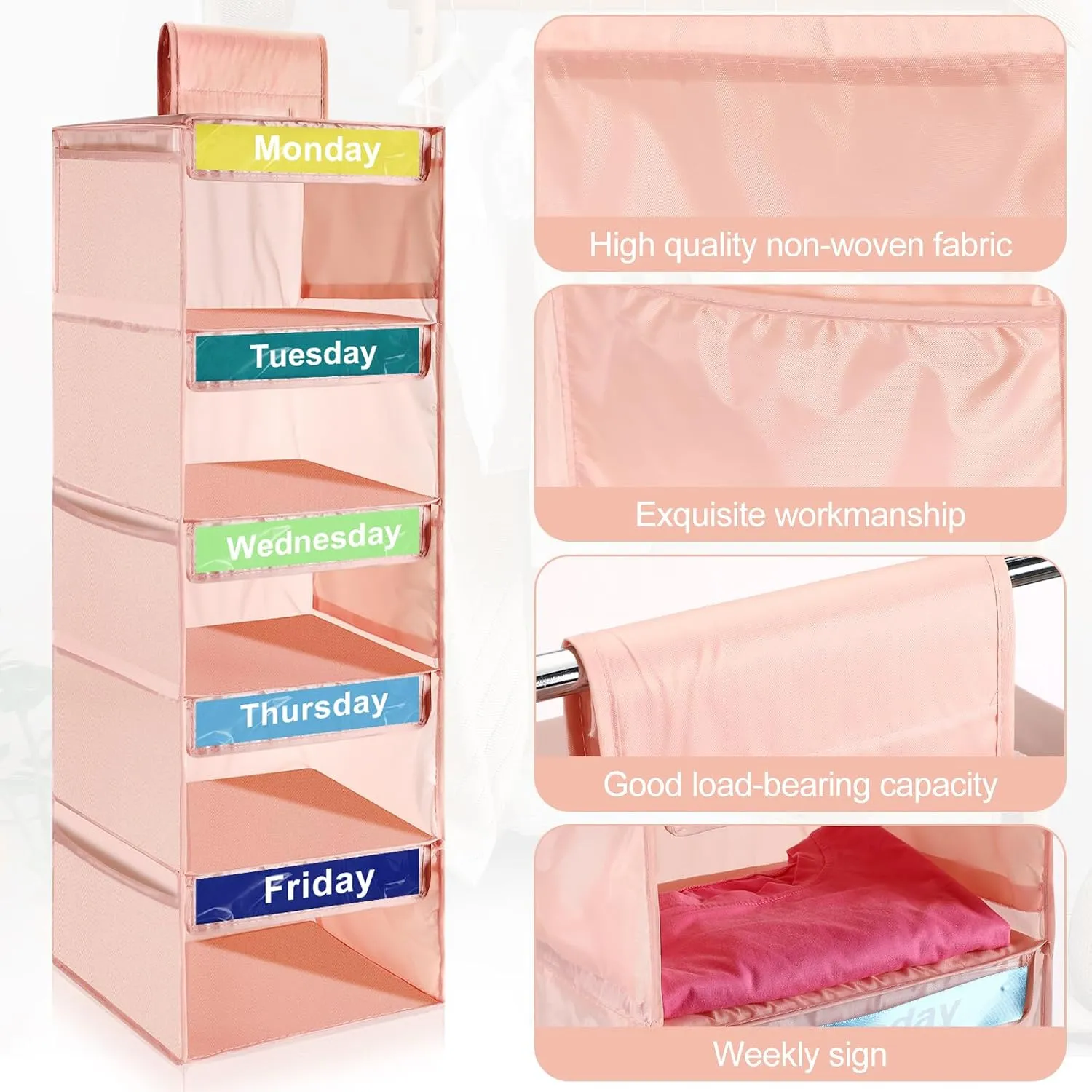 Close-up views of the pink fabric, stitching, hanging strap, and weekday shelf