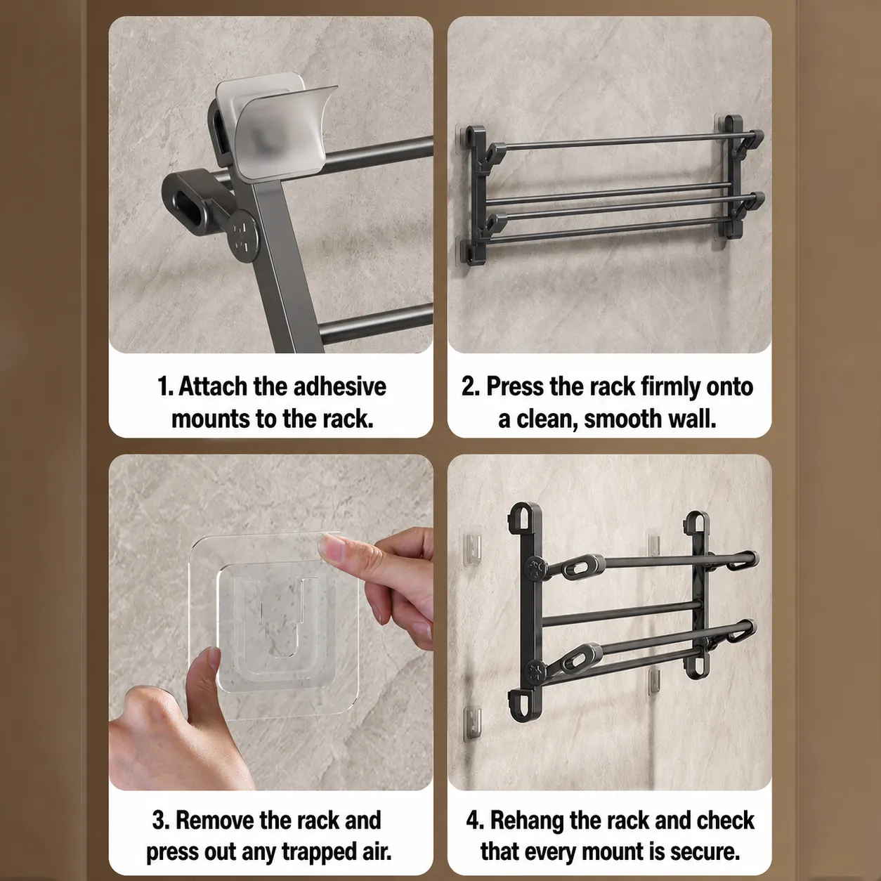 Four visual steps for adhesive wall shoe rack installation