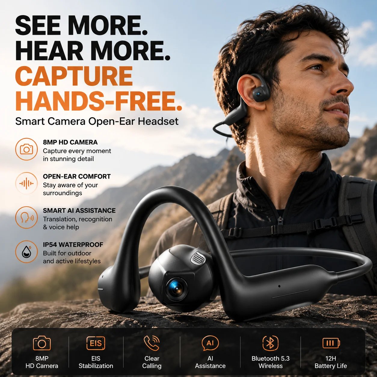 8MP smart camera open-ear headset for hands-free POV video calls and audio