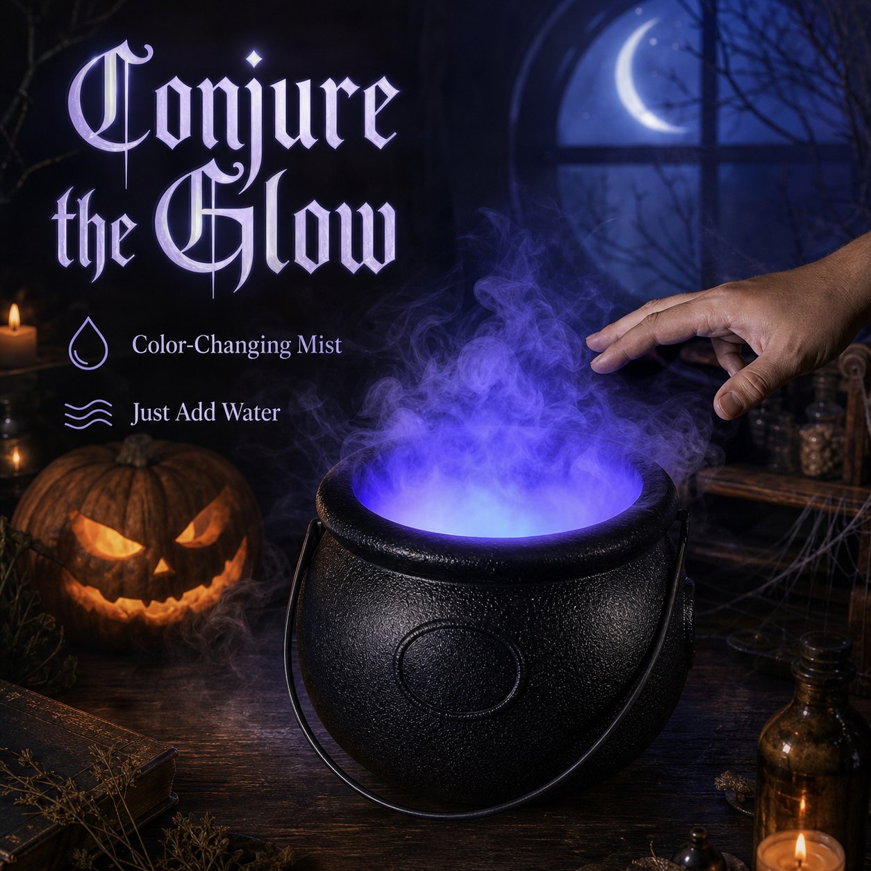 Glowing misty cauldron in a cinematic Halloween display