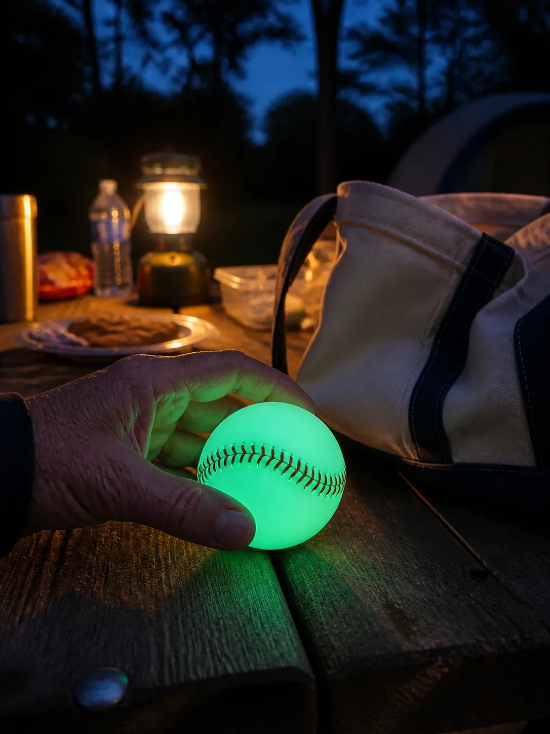 Glow baseball at a family campsite
