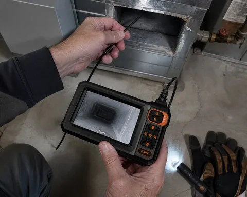 Inspection camera checking a basement air duct