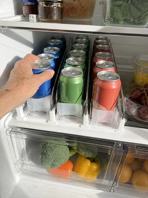 Family refrigerator with three organized can rows