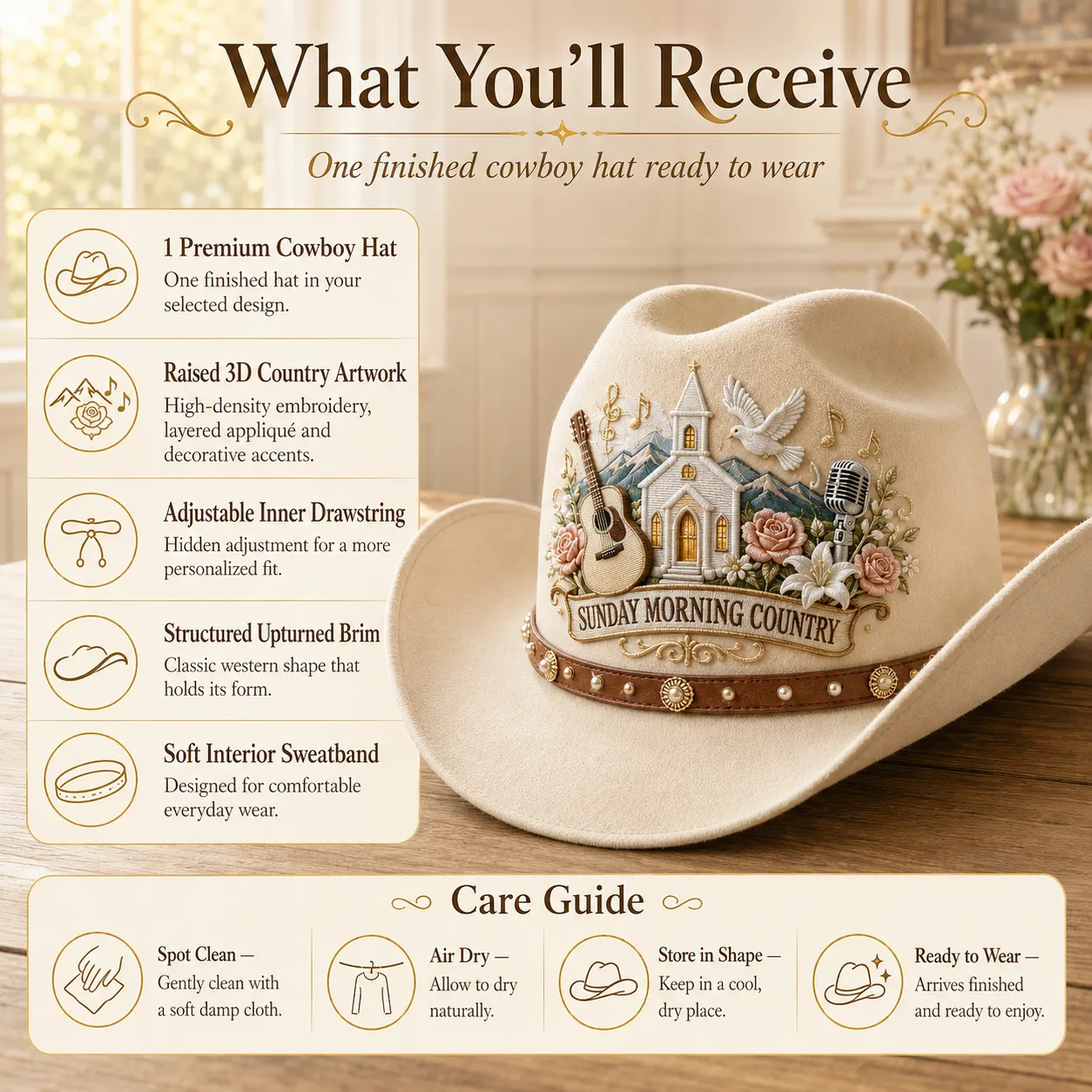 Cowboy hat package contents and care guide
