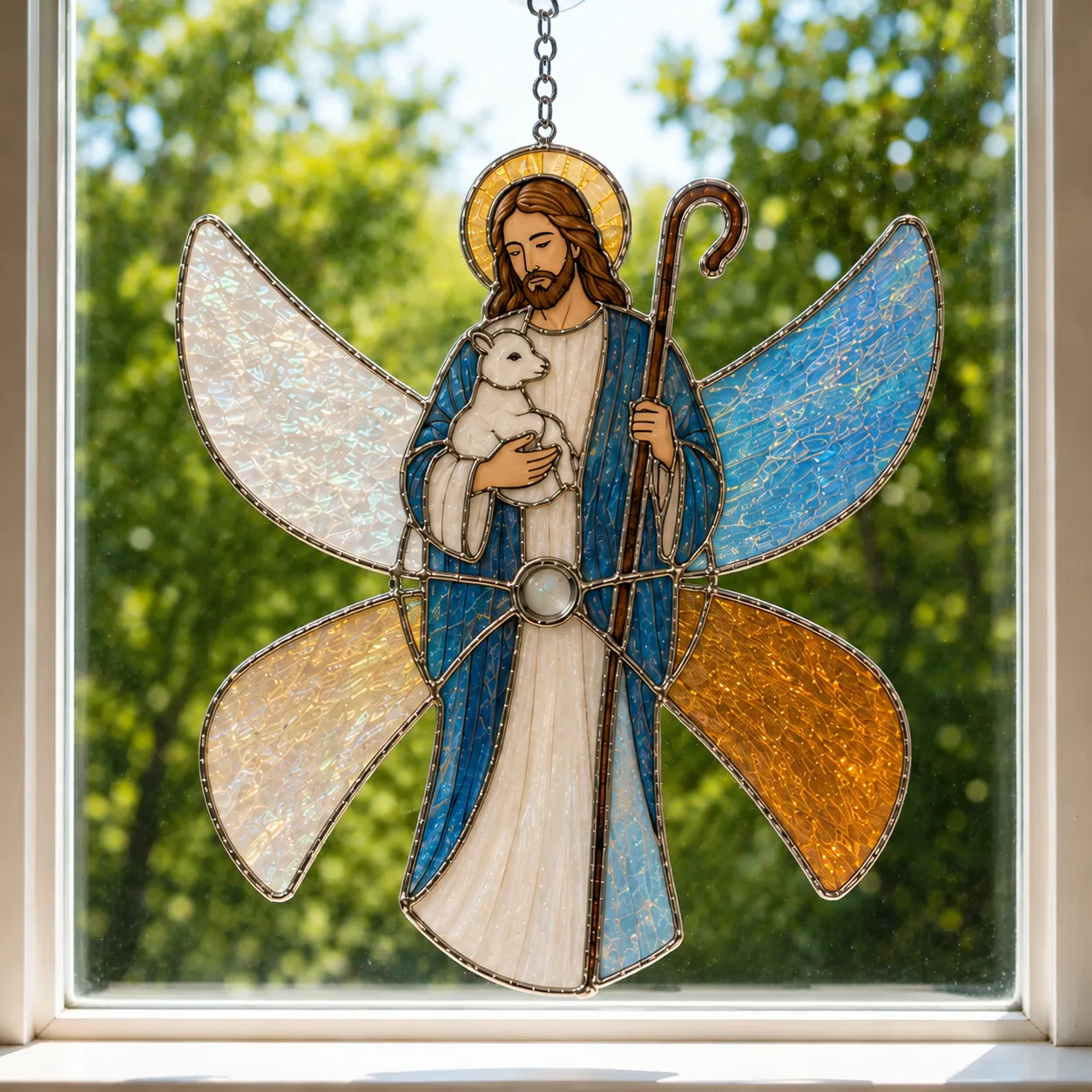 Completed Good Shepherd suncatcher hanging near a bright window