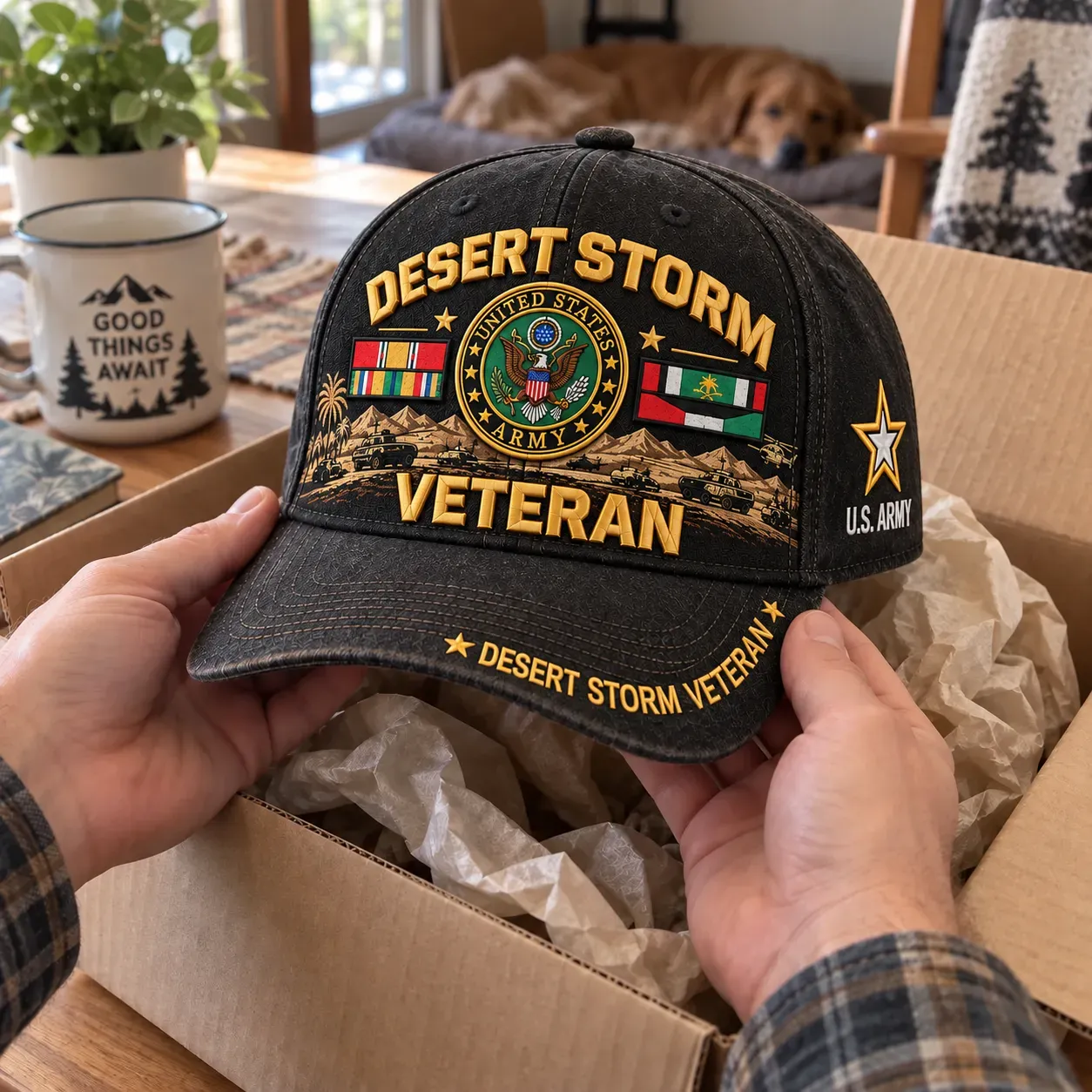 Army Desert Storm Veteran cap shown from the front in a styled home setting