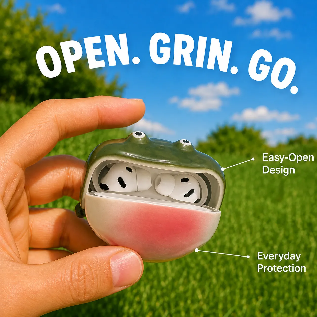 Green frog case opening outdoors with easy-open design callouts